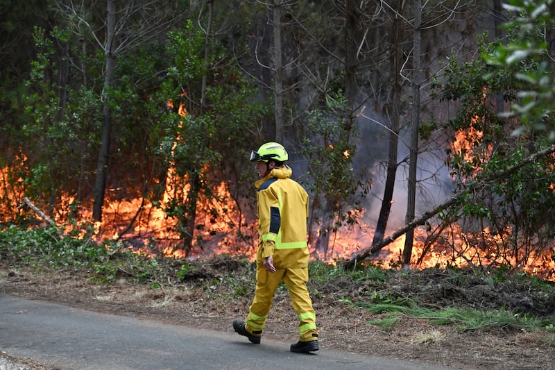 Um bombeiro passa por uma área de queimada controlada para conter um incêndio perto de Lege-Cap-Ferret, durante incêndios florestais no sudoeste da França, quinta-feira, 30 de julho de 2026.