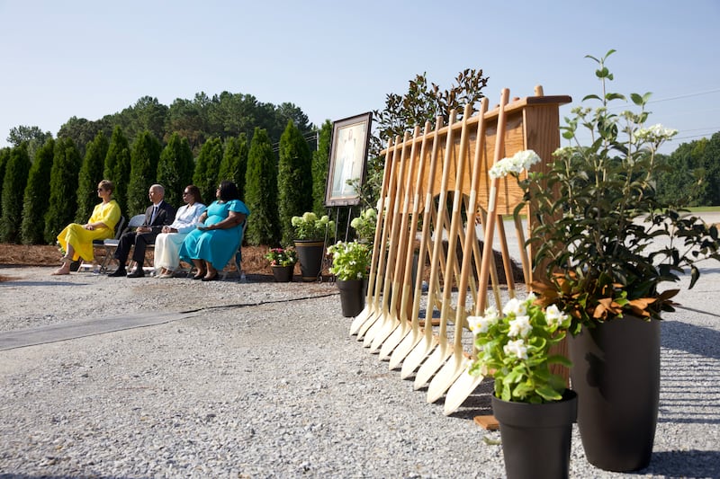 Ceremonial golden shovels stand at the groundbreaking ceremony for the Huntsville Alabama Temple on Saturday, Aug. 15, 2026, in Madison, Alabama.