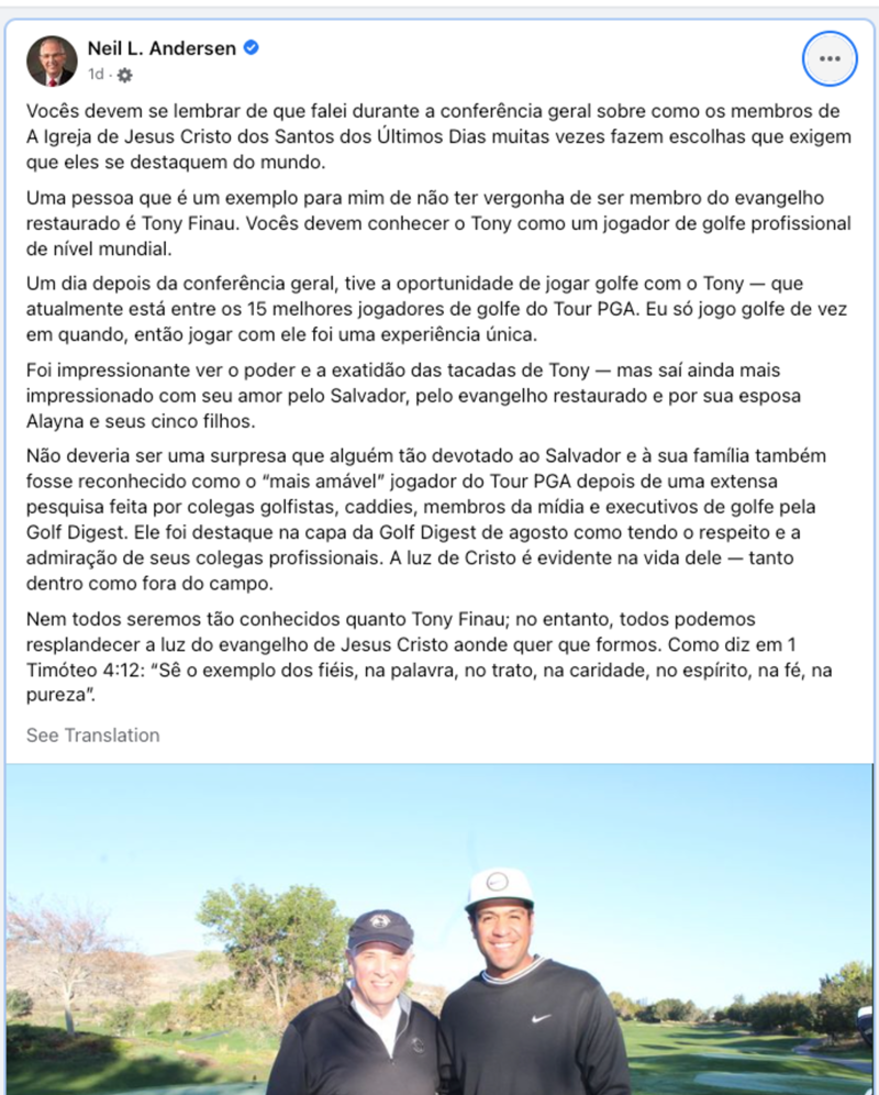 Post de Élder Neal L. Andersen nas redes sociais, com Tony Finau, jogador profissional de golfe.