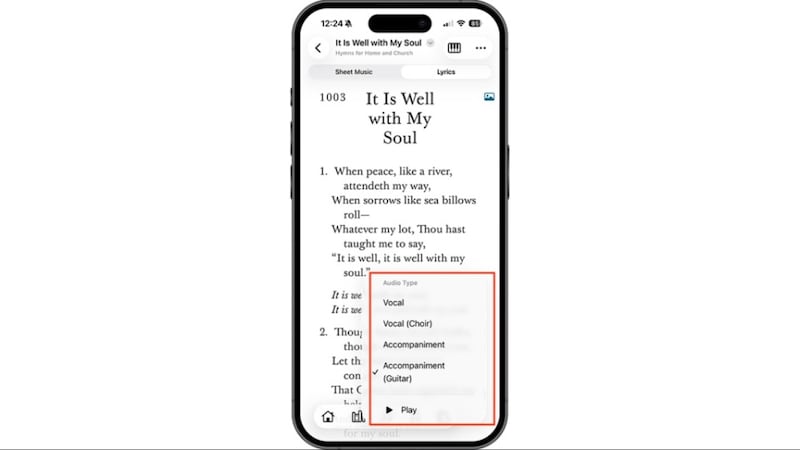 Uma imagem de seleção de tipo de áudio para música no aplicativo Gospel Library.