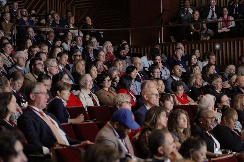 2026 Forum on Faith participants listen to Elder Ulisses Soares speak at New York University on Oct. 14, 2026.