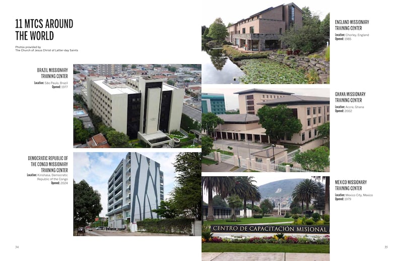 As páginas 34-35 da revista Trabalho Missionário em A Igreja de Jesus Cristo dos Santos dos Últimos Dias publicada em setembro de 2026 incluem fotos de cada centro de treinamento missionário atualmente em operação da Igreja.