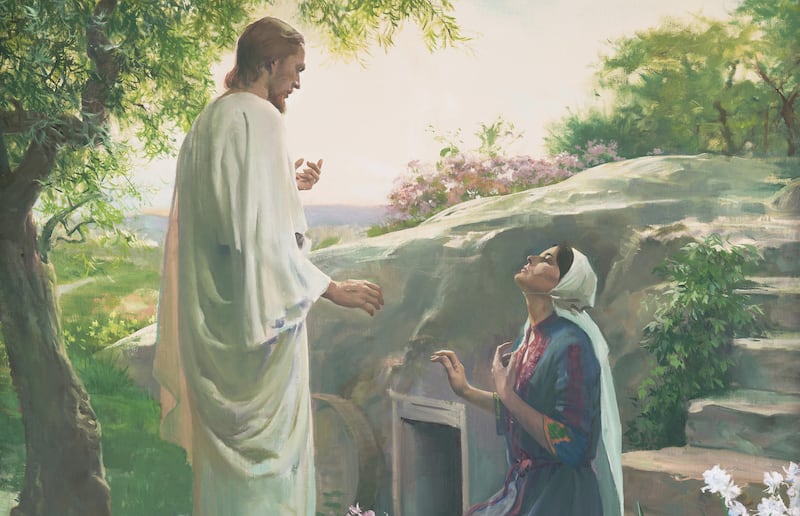 Jesus Cristo ressuscitado aparece a Maria Madalena no túmulo vazio nesta pintura de Harry Anderson.