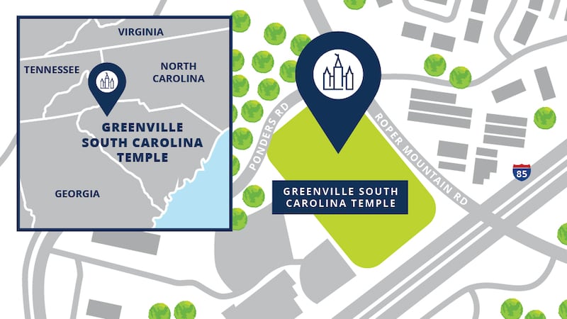 Mapa do local do Templo de Greenville, Carolina do Sul.