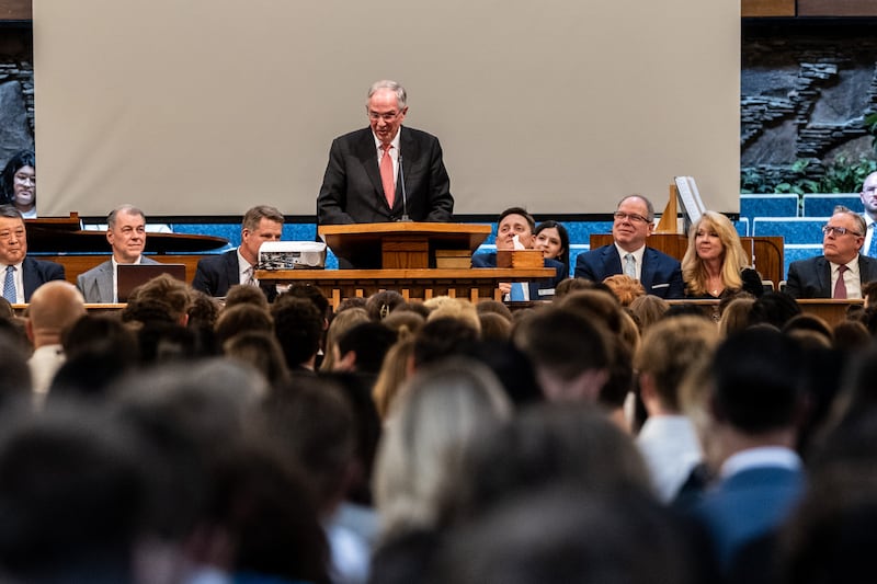 Elder Neil L. Andersen of the Quorum of the Twelve Apostles speaks during a young adult devotional in Placentia, California, on Saturday, May 16, 2026.