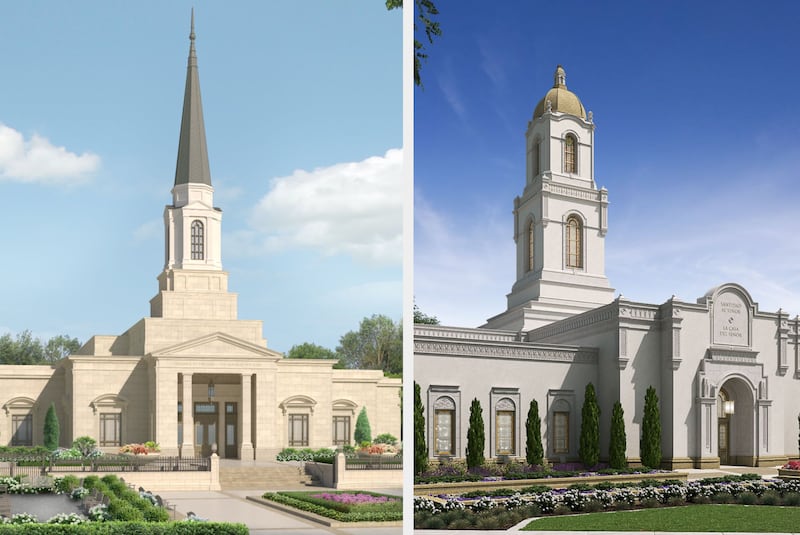 Ilustrações do exterior do Templo de Cincinnati Ohio, à esquerda, e do Templo de La Paz Bolivia, à direita.