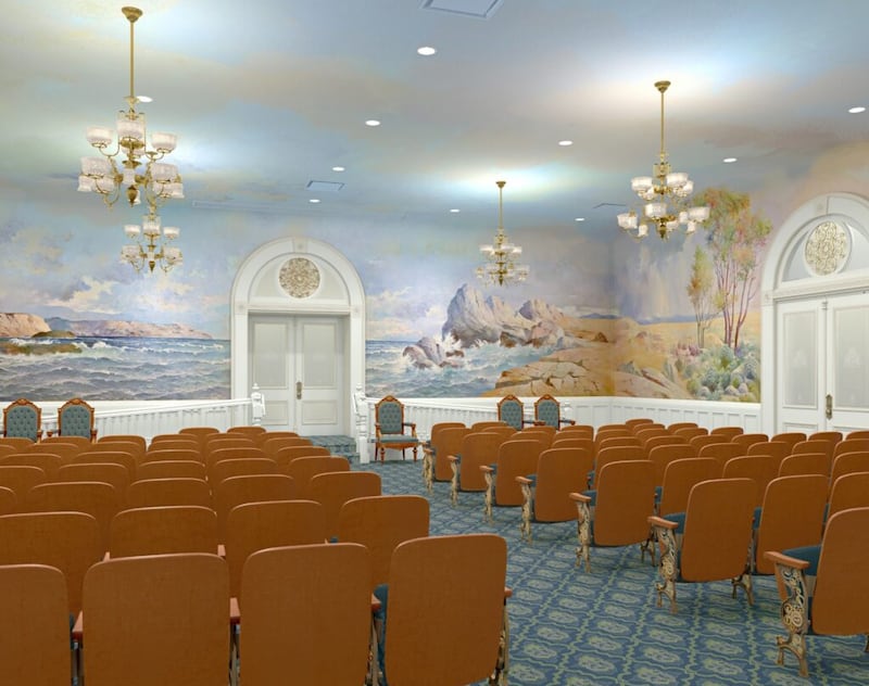 Uma representação artística da renovada sala da criação no Templo de Salt Lake, dezembro de 2019.