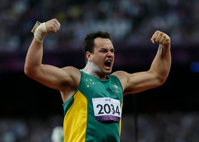 O australiano Todd Hodgetts comemora após um recorde mundial na final masculina de arremesso de peso F20 na Paralimpíada de 2012, sexta-feira, 7 de setembro de 2012, em Londres. Hodgetts ganhou o ouro no evento.