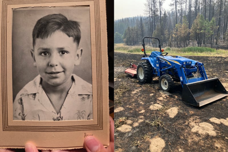À esquerda, uma foto da infância do pai de Andrea Abeyta, Corn Abeyta, que ela salvou de sua casa antes de ser destruída em um dos incêndios florestais de Spokane no início de agosto. À direita, o trator do pai falecido de Andrea sobreviveu ao incêndio ileso.