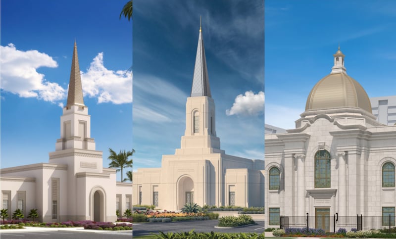 Ilustrações do exterior dos templos Eket Nigéria, Calabar Nigéria e Viña del Mar Chile.