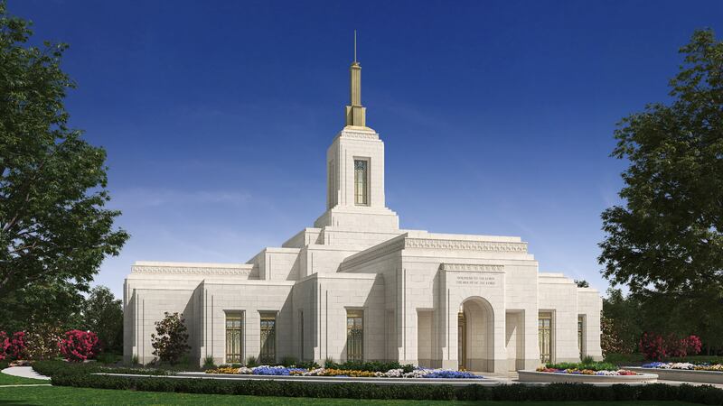 Uma ilustração do exterior do Templo de Fairview Texas.