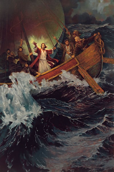 Jesus acalma e aquieta a tempestade no Mar da Galileia numa pintura de Ted Henninger
