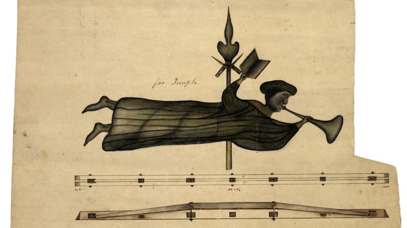 O desenho arquitetônico de William Weeks do anjo, em formato de cata-vento, no Templo de Nauvoo