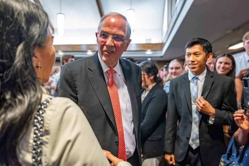 Elder Neil L. Andersen of the Quorum of the Twelve Apostles greets attendees following a young adult devotional in Placentia, California, on Saturday, May 16, 2026.