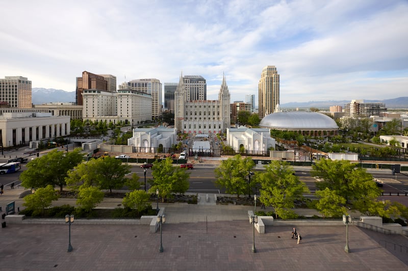 Visão geral da construção na Praça do Templo em Salt Lake City na terça-feira, 21 de abril de 2026.