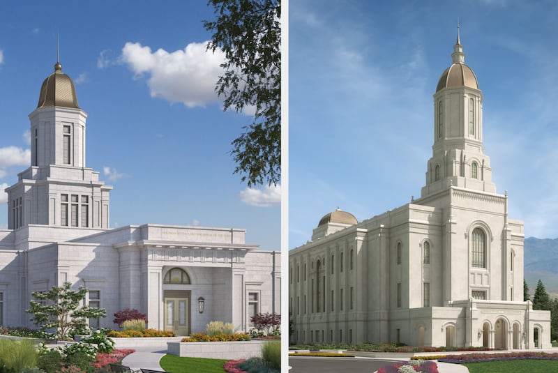 Ilustrações arquitetônicas do Templo de Knoxville, Tennessee, à esquerda, e do Templo de Smithfield, Utah, à direita.