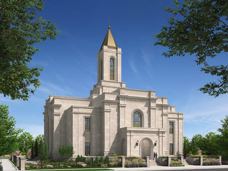 Uma ilustração do exterior do Templo de Montpelier Idaho.