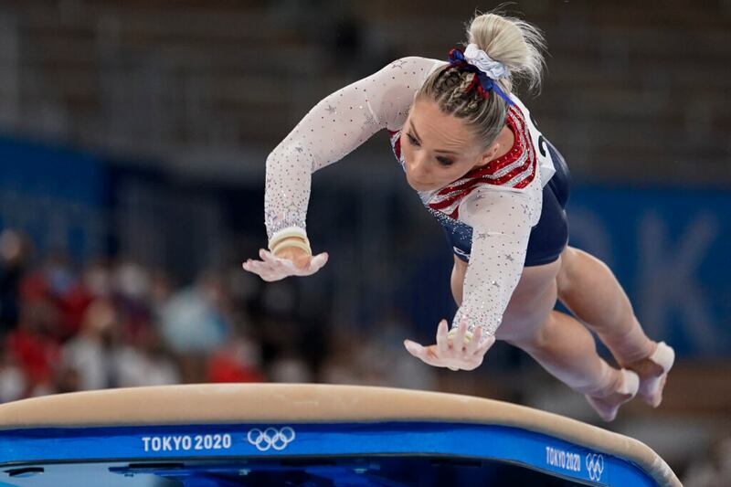 MyKayla Skinner, dos Estados Unidos, na competição final da ginástica artística feminina de salto durante os Jogos Olímpicos do Verão de 2020 no sábado, 31 de julho de 2021, em Tóquio, Japão.