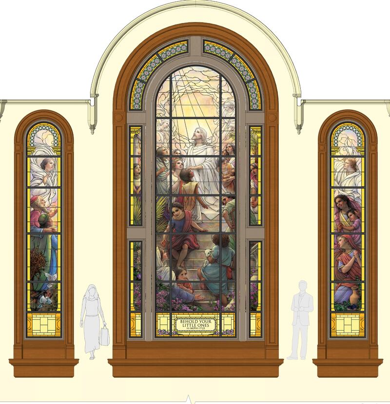Uma ilustração do vidro artístico recentemente instalado nos edifícios de entrada do templo no lado norte da Praça do Templo em Salt Lake City.
