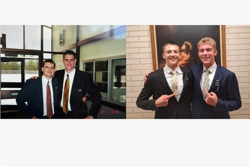 Duas fotos mostram dois pais em suas missões em Ohio e seus filhos em suas missões na Argentina.