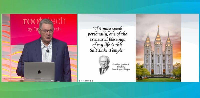 Shaun Stahle fala em uma aula na RootsTech 2026 intitulada "Every Stone a Sermon: Contemplating the Incomprehensible Future of the Salt Lake Temple", em 7 de março de 2026, no Salt Palace Convention Center em Salt Lake City.