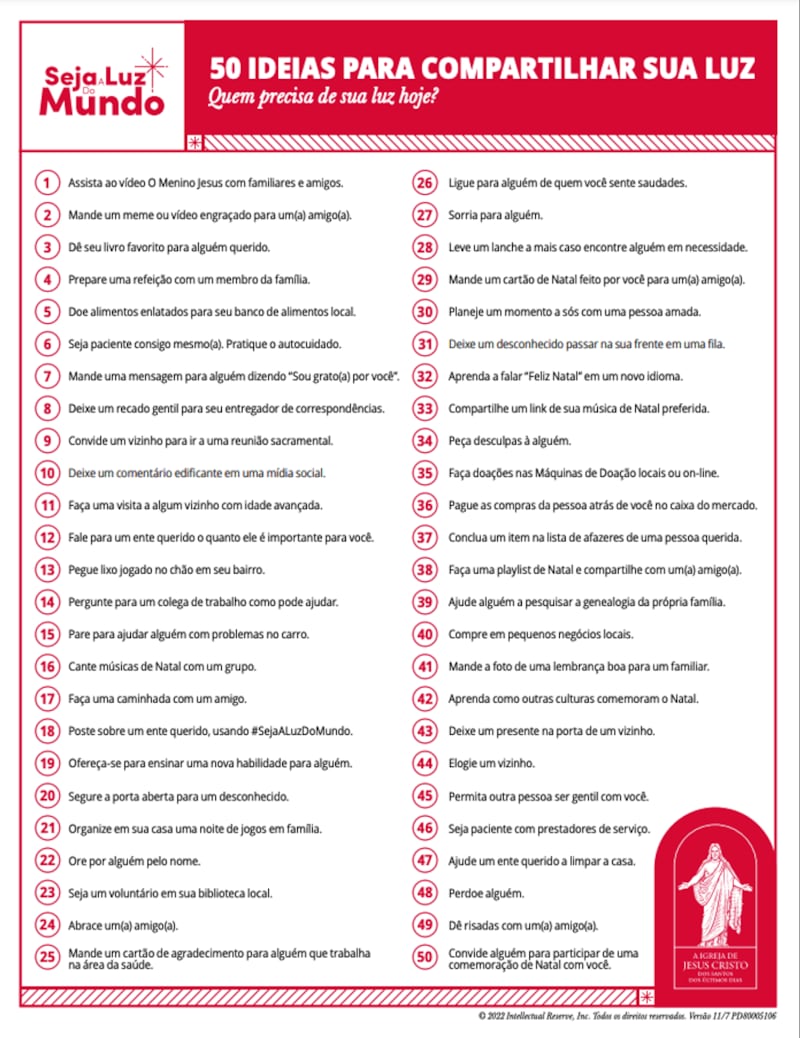 Uma lista com 50 ideias para compartilhar luz, como parte da iniciativa Seja A Luz do Mundo 2022.