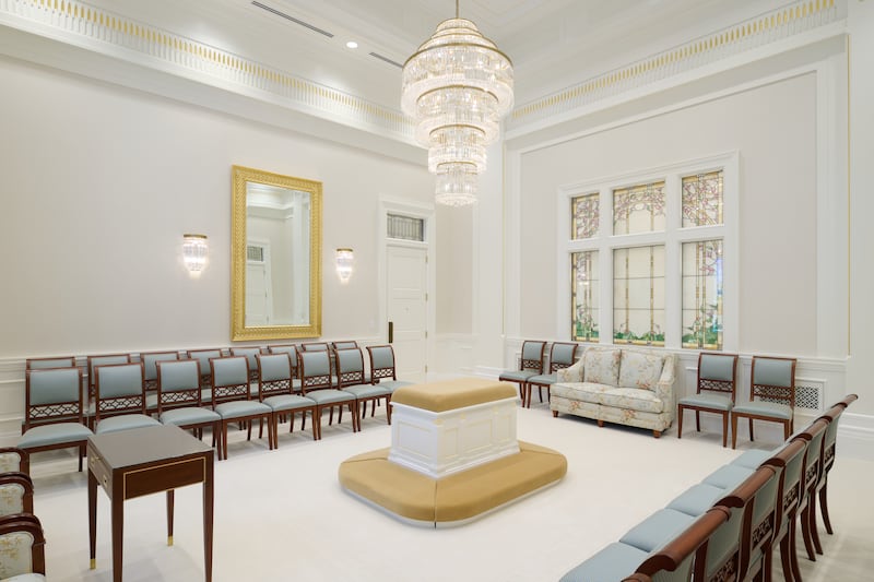 Uma sala de selamento do Templo de Willamette Valley, Oregon.