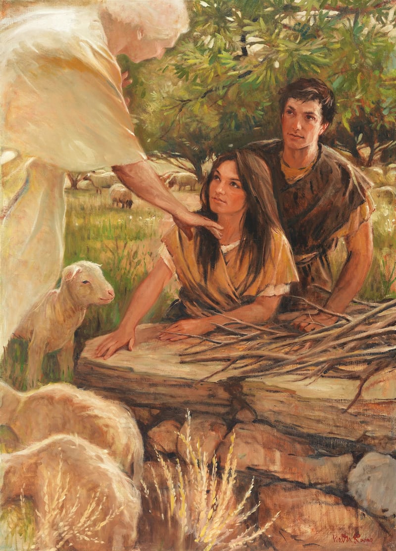 "Similitude," uma pintura do artista Walter Rane, ilustra Adão e Eva com um anjo do Senhor.