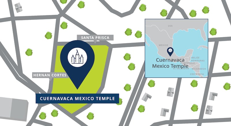Um mapa do local do Templo de Cuernavaca, México.