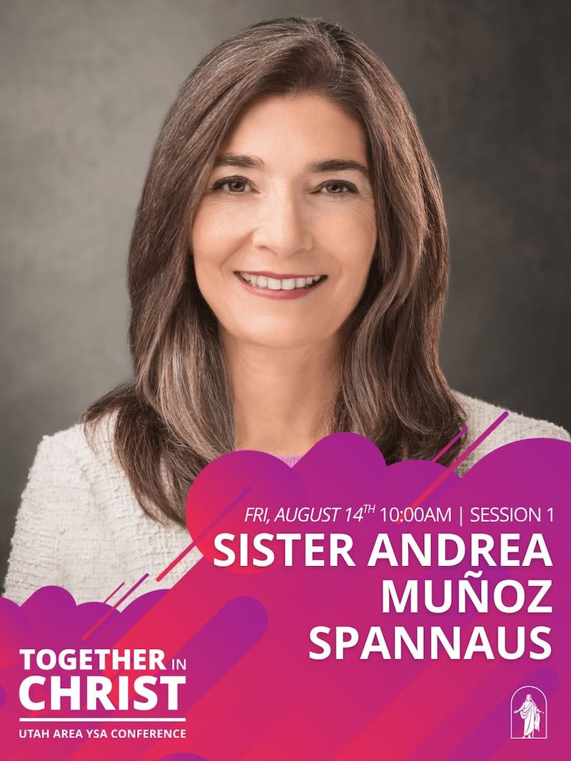 Irmã Andrea Muñoz Spannaus, segunda conselheira da presidência geral das Moças, é anunciada como palestrante principal da Conferência de Homens Jovens Adultos da Área de Utah de 2026 em uma publicação de mídia social de 24 de julho.