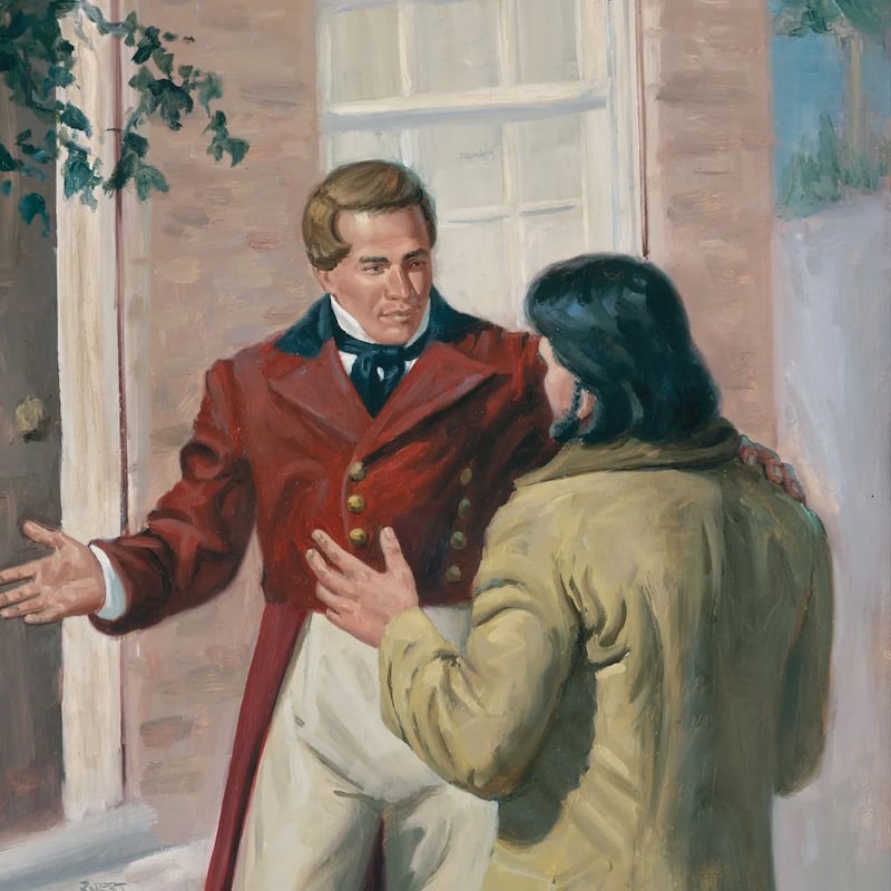 Pintura de Joseph Smith cumprimentando William W. Phelps e é de Robert Anderson McKay.