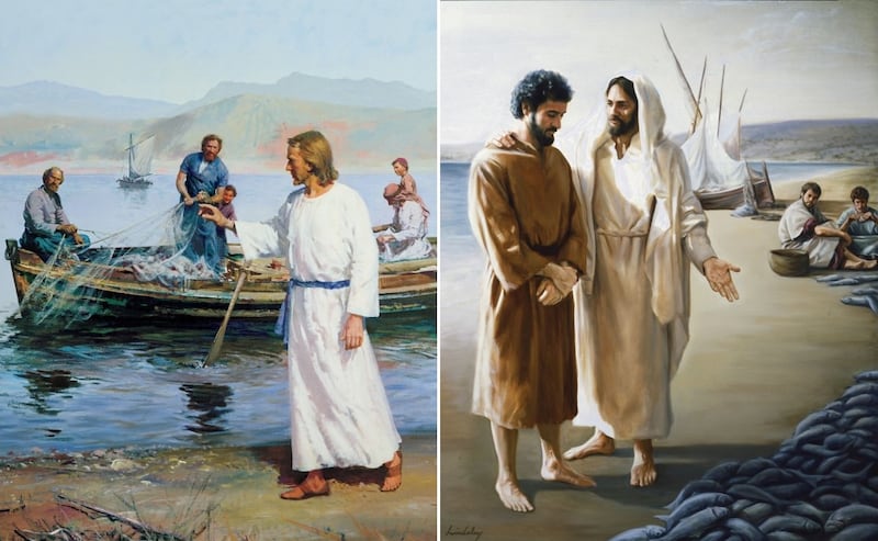 Esquerda: "Chamado do Pescador (Cristo Chamando Pedro e André)" por Harry Anderson. Direita: "Amas-me Mais do que Estes?" por David Lindsley.
