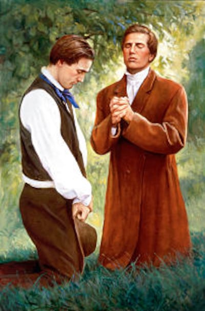 Esta pintura de Del Parson retrata Joseph Smith e Oliver Cowdery indagando ao Senhor.