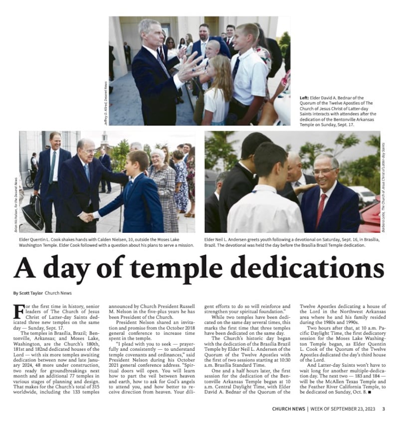Uma página do Church News de uma edição de 2023 relata as históricas dedicações no mesmo dia de 3 templos.