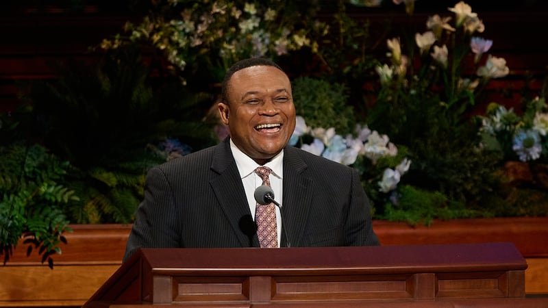 Elder Thierry K. Mutombo, General Authority Seventy, speaks during the Sunday morning session of the 196th Annual General Conference of The Church of Jesus Christ of Latter-day Saints in the Conference Center in Salt Lake City on April 5, 2026.