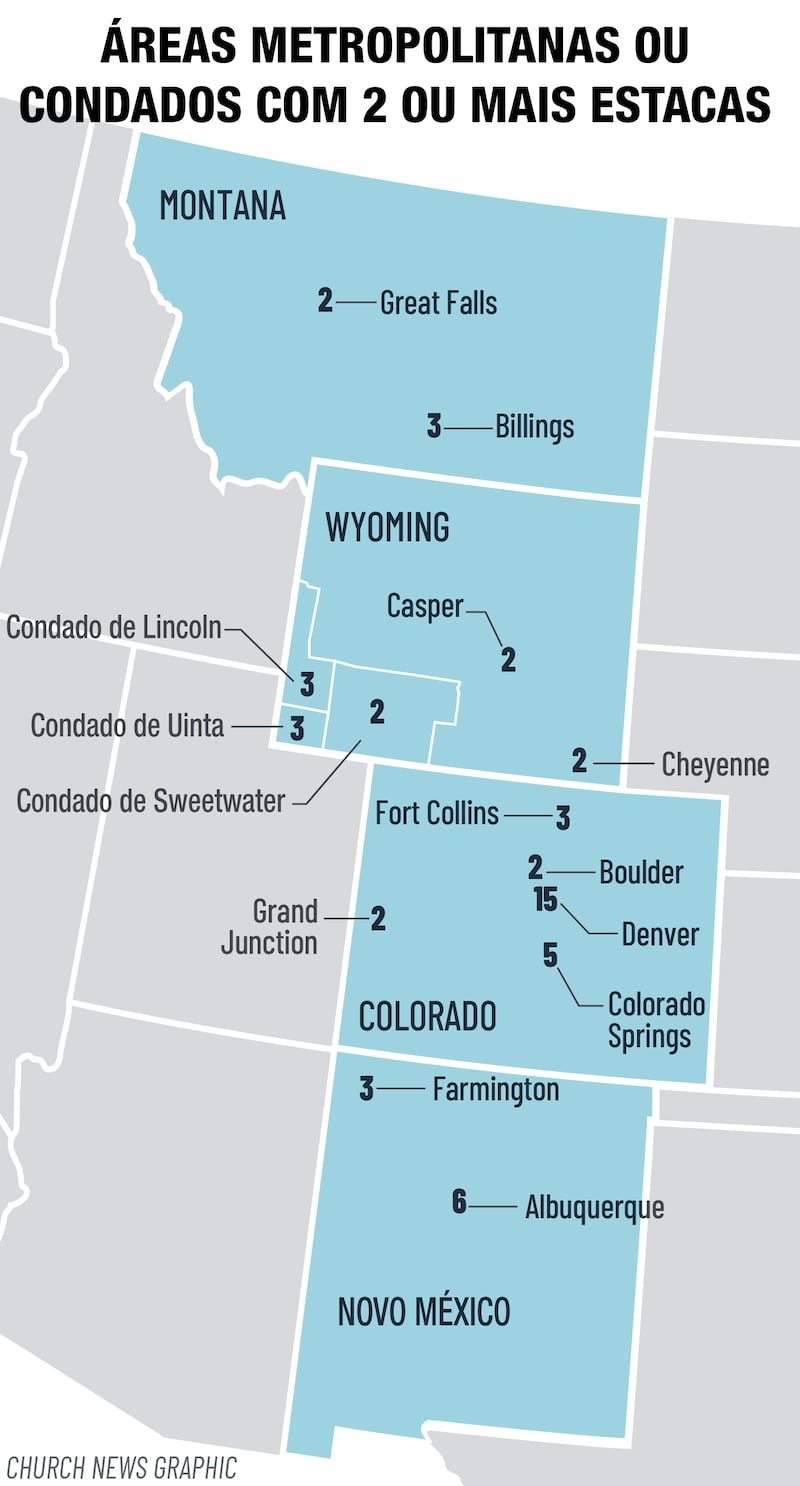 Existem 81 estacas de A Igreja de Jesus Cristo dos Santos dos Últimos Dias no Colorado, Novo México, Montana e Wyoming, de acordo com as estatísticas mais recentes disponíveis no site da Sala de Imprensa da Igreja. Este mapa mostra as áreas metropolitanas com duas ou mais estacas.
