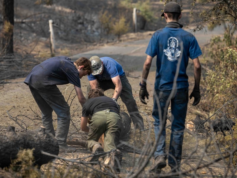 Rapazes e líderes do Quórum de Setenta do Mount Spokane, em Spokane, Washington, ajudam a limpar escombros de um bairro danificado por incêndios florestais em Spokane, Washington, na segunda-feira, 3 de agosto de 2026.