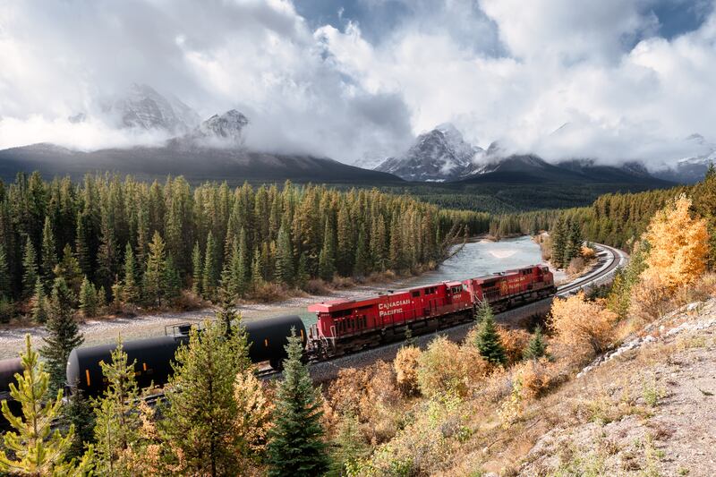 A Canadian Pacific Railway train passes through the Rocky Mountains at Morant's Curve in Banff National Park, near Calgary, Alberta, on Sept. 27, 2019.