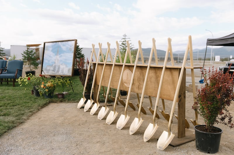 Ceremonial shovels stand before the groundbreaking ceremony for the Coeur d’Alene Idaho Temple on Saturday, Aug. 29, 2026, in Coeur d’Alene, Idaho.