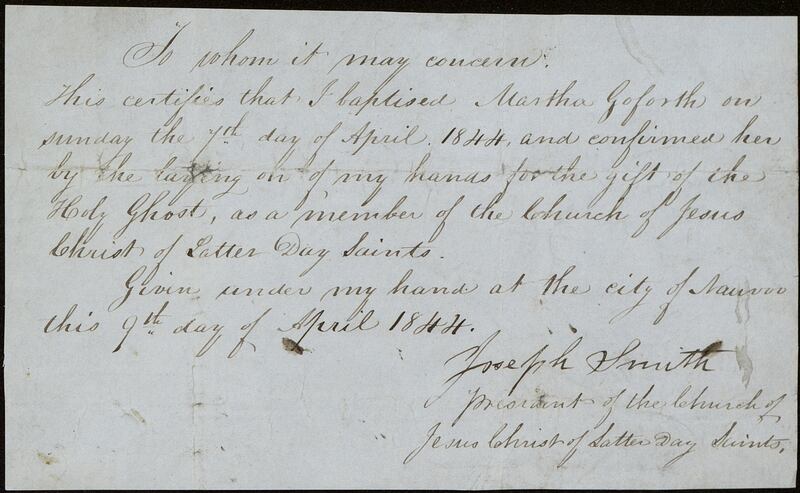 Este certificado de batismo mostra que Joseph Smith batizou e confirmou Martha Nelson Goforth em 9 de abril de 1844.