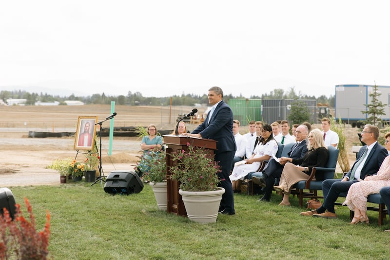 Elder Hutch U. Fale — a General Authority Seventy and member of the Church’s United States West Area presidency — speaks at the groundbreaking ceremony for the Coeur d’Alene Idaho Temple on Saturday, Aug. 29, 2026, in Coeur d’Alene, Idaho.