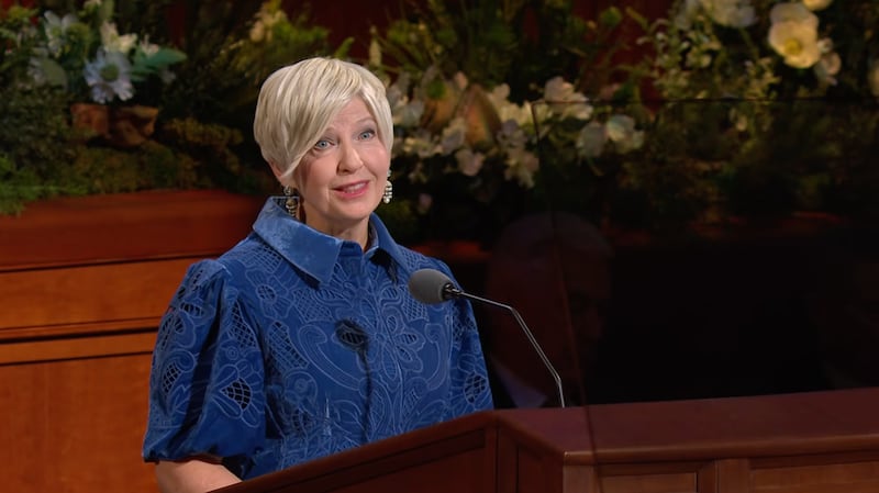 Young Women General President Emily Belle Freeman speaks during the Sunday morning session of the 196th Annual General Conference of The Church of Jesus Christ of Latter-day Saints in the Conference Center in Salt Lake City on April 5, 2026.