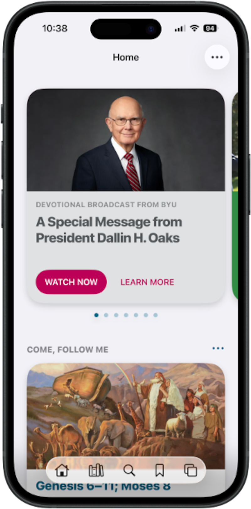 Uma captura de tela do aplicativo Biblioteca do Evangelho mostra uma mensagem do Presidente Dallin H. Oaks e a lição "Vem, e Segue-Me".