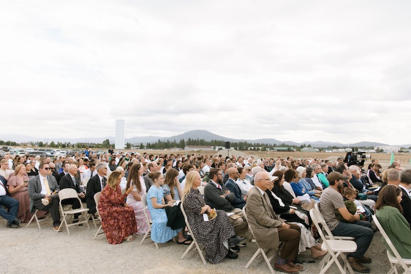 Community members, interfaith leaders, government leaders and Latter-day Saints attend the groundbreaking ceremony for the Coeur d’Alene Idaho Temple on Saturday, Aug. 29, 2026, in Coeur d’Alene, Idaho.