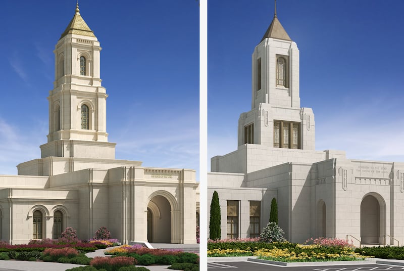 Ilustrações do exterior do Templo de Cody Wyoming, à esquerda, e do Templo de Wichita Kansas, à direita.