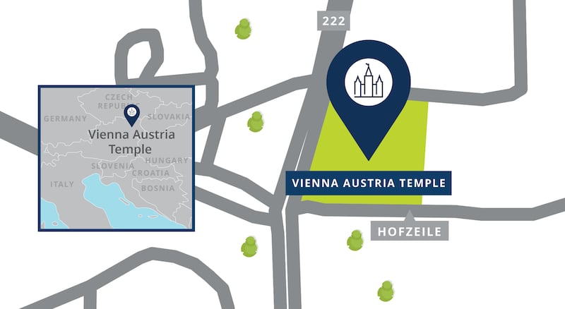 Um mapa do local do Templo de Viena, Áustria.