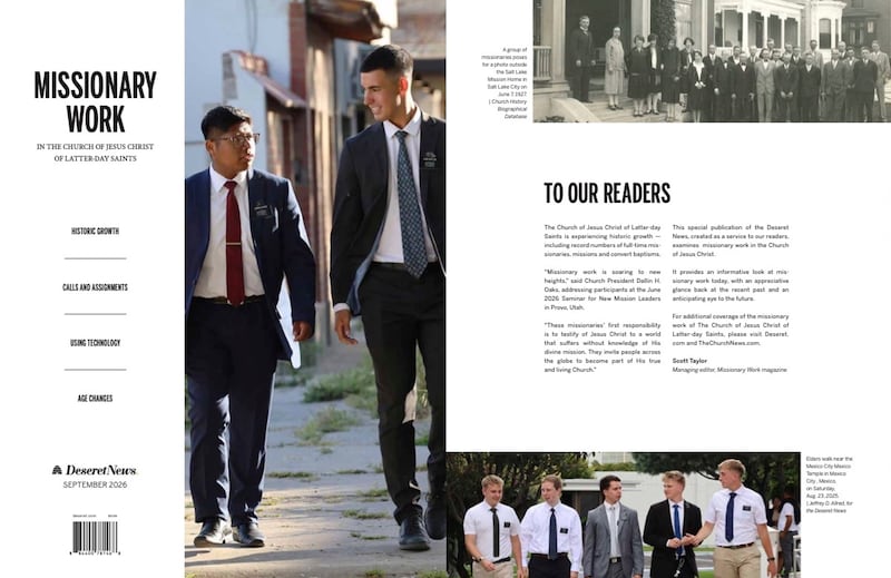 A capa e uma página interna da revista Missionary Work de setembro de 2026 em A Igreja de Jesus Cristo dos Santos dos Últimos Dias.
