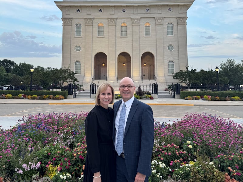 Sister Amy A. Wright, first counselor in the Primary general presidency, and her husband, Brother James Wright, stand outside the Nauvoo Illinois Temple on Sept. 18, 2025, in Nauvoo, Illinois.