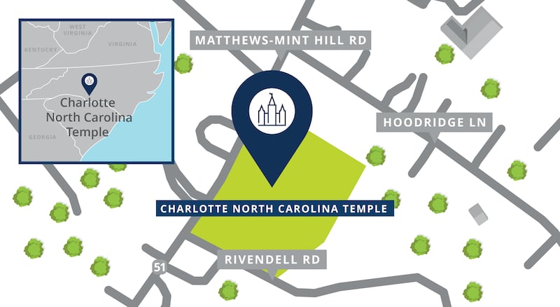 Um mapa do local para o Templo de Charlotte, Carolina do Norte.