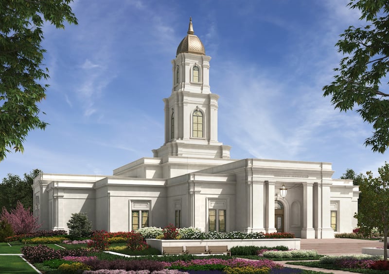 Uma ilustração do exterior do Templo de Huntsville Alabama, um edifício de um andar com uma torre multinível e cúpula abobadada.
